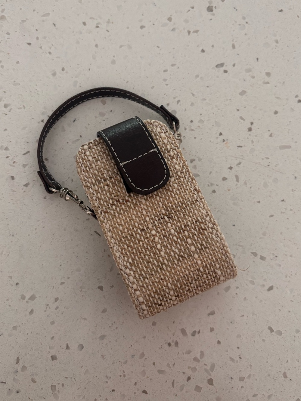 Small Woven Beige Cream Brown Phone Pouch with Leather Strap